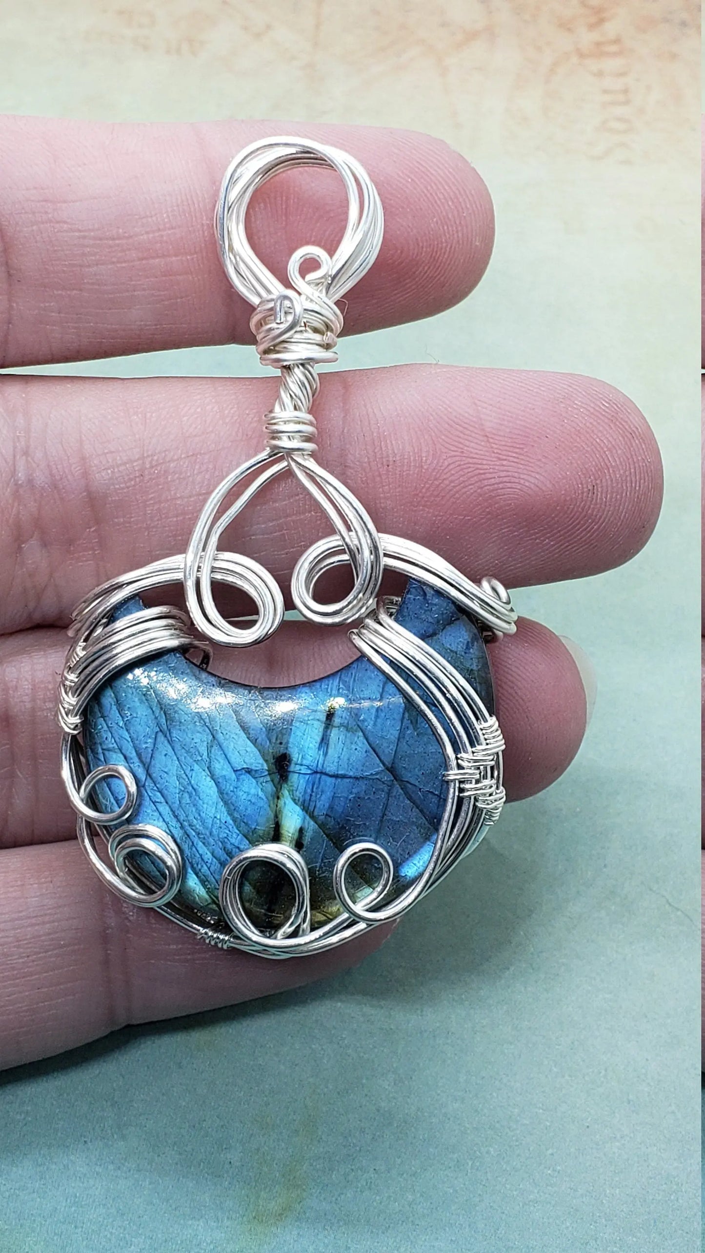 Blue Labradorite Crescent Moon Pendant    gemstone pendant, labradorite, moon, moon phase