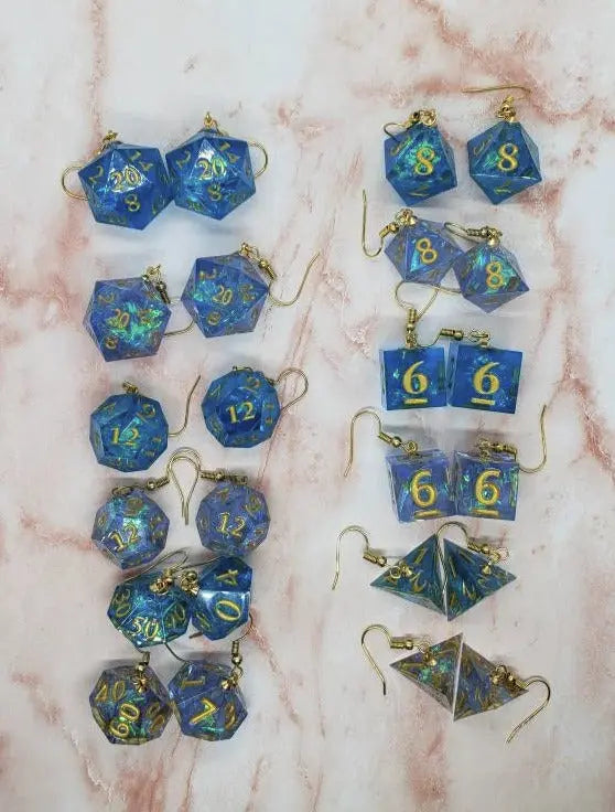 Blue Sharp Edge Iridescent Polyhedral Dice Earrings, DnD giftp - moonlitbeading