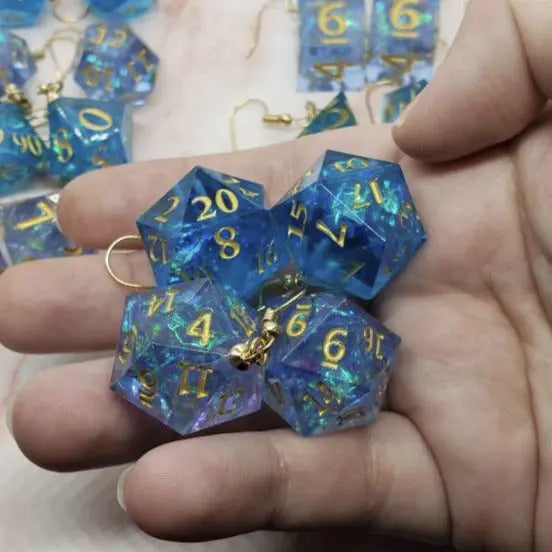 Blue Sharp Edge Iridescent Polyhedral Dice Earrings, DnD giftp - moonlitbeading