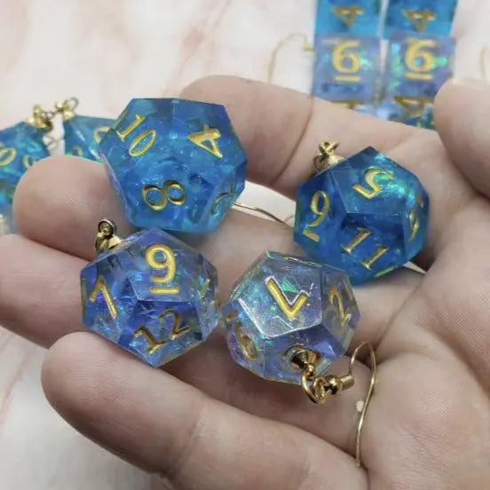 Blue Sharp Edge Iridescent Polyhedral Dice Earrings, DnD giftp - moonlitbeading