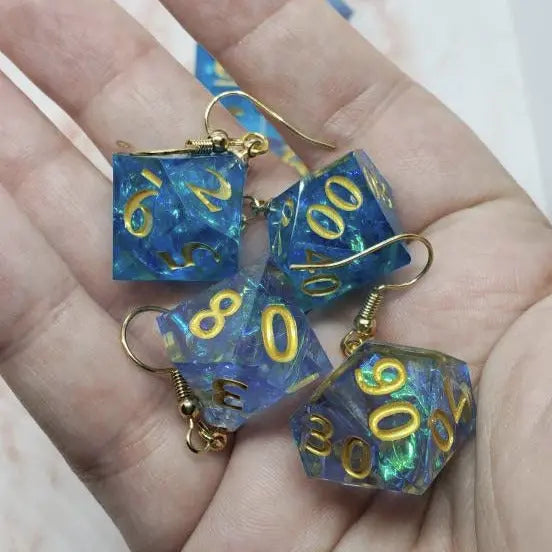 Blue Sharp Edge Iridescent Polyhedral Dice Earrings, DnD giftp - moonlitbeading