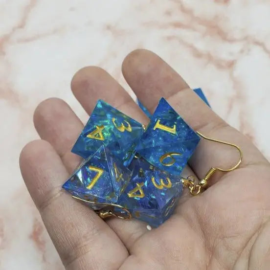 Blue Sharp Edge Iridescent Polyhedral Dice Earrings, DnD giftp - moonlitbeading
