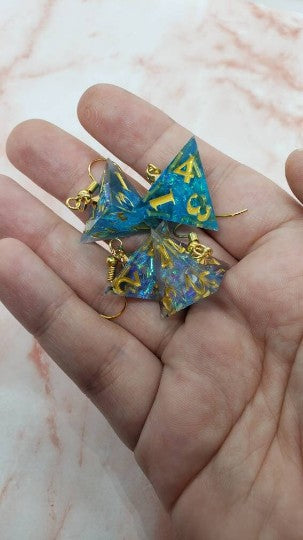 Blue Sharp Edge Iridescent Polyhedral Dice Earrings, DnD gift    blue, sharp edge