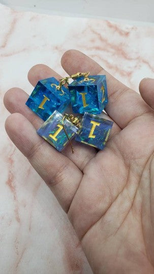 Blue Sharp Edge Iridescent Polyhedral Dice Earrings, DnD gift    blue, sharp edge