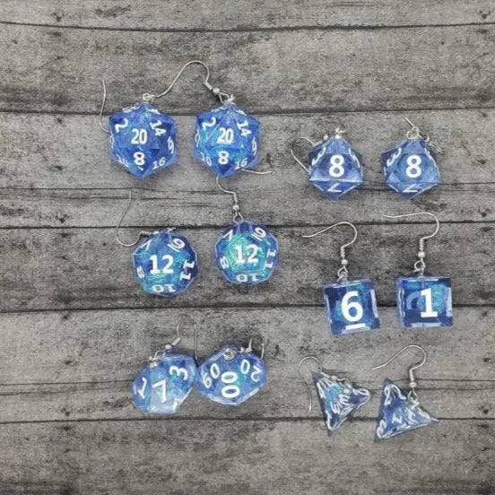 Blue Sharp Edge Iridescent Polyhedral Dice Earrings, DnD gift - moonlitbeading