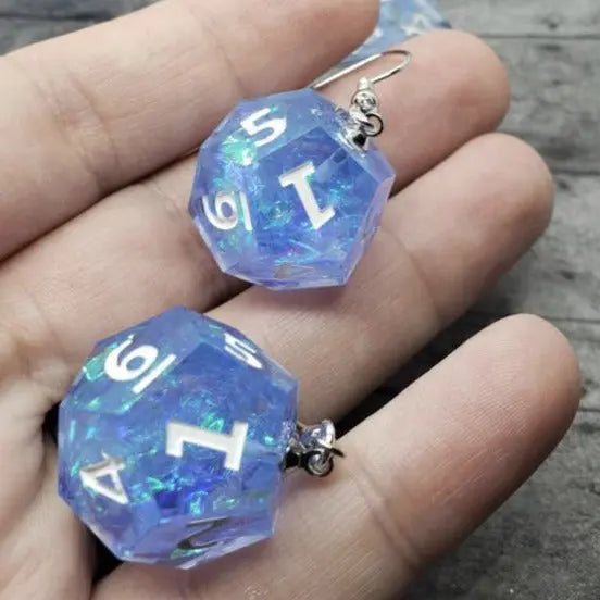 Blue Sharp Edge Iridescent Polyhedral Dice Earrings, DnD gift - moonlitbeading