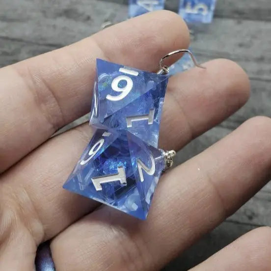 Blue Sharp Edge Iridescent Polyhedral Dice Earrings, DnD gift - moonlitbeading