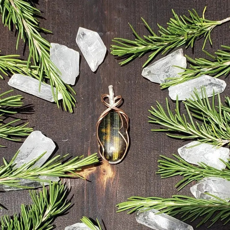 Blue and Gold Tigers Eye Wire Wrapped Pendant - moonlitbeading