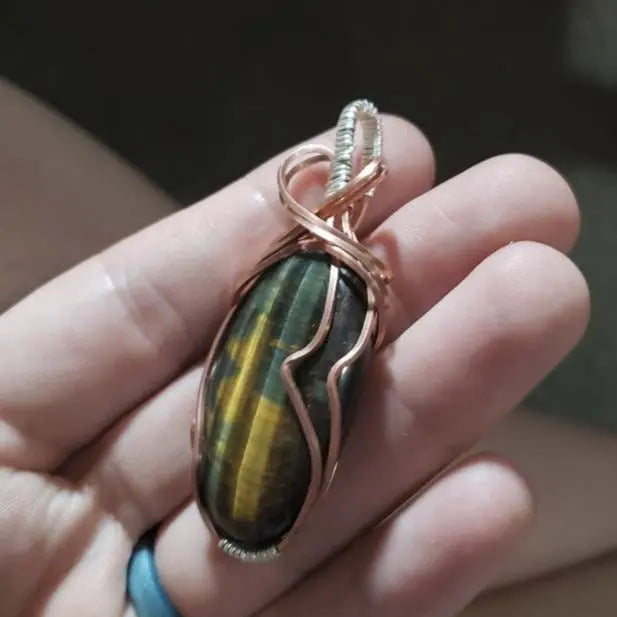 Blue and Gold Tigers Eye Wire Wrapped Pendant - moonlitbeading