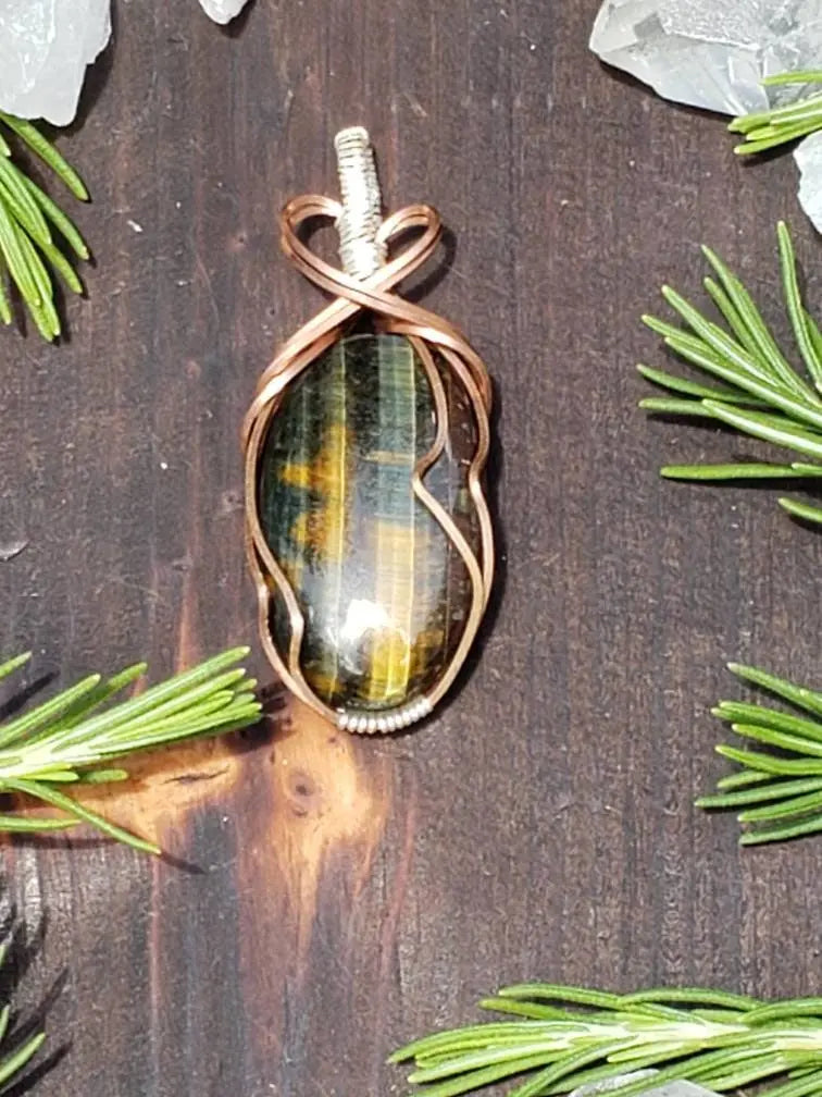 Blue and Gold Tigers Eye Wire Wrapped Pendant - moonlitbeading