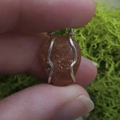 Dainty Sunstone Wire Wrapped Pendant, Boho Jewelry - moonlitbeading