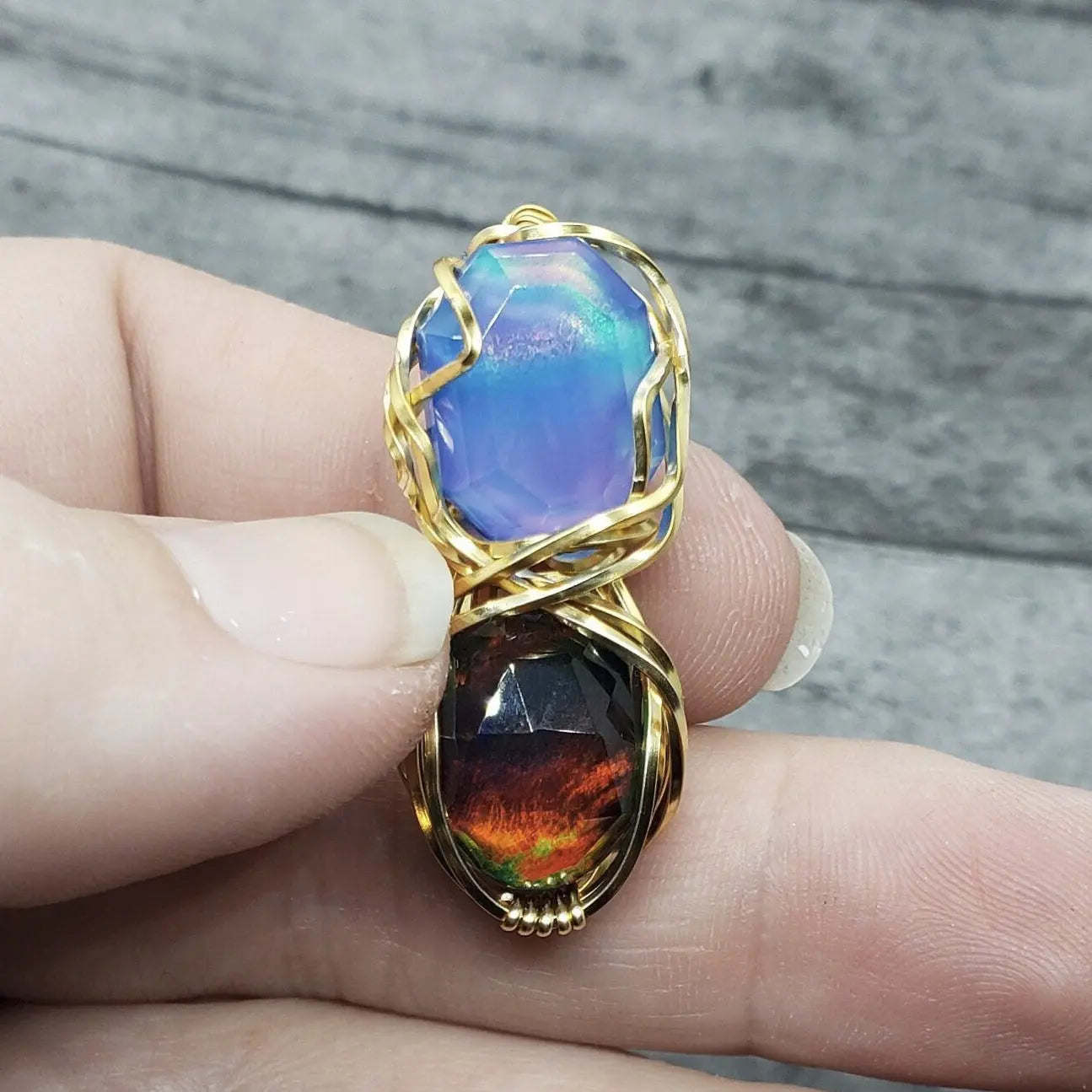 Aurora Opal Pendant, Dual Stone Wire Wrapped Pendant, Protect Pendant - moonlitbeading