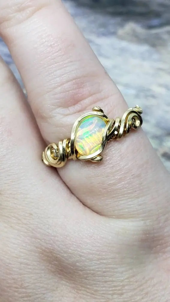 Ethiopian Opal Ring Size 5, Wire wrapped ring - moonlitbeading