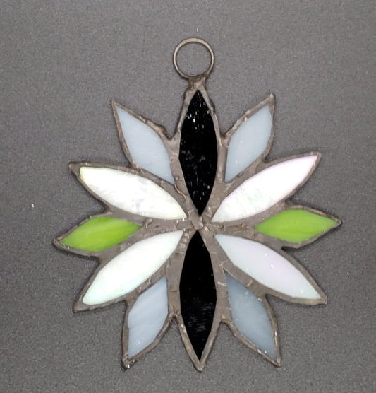 Large Agender Flower Suncatcher, LGBTQ+ Floral stained glass    agender, black, green, lgbtq+, stained glass, suncatcher, white
