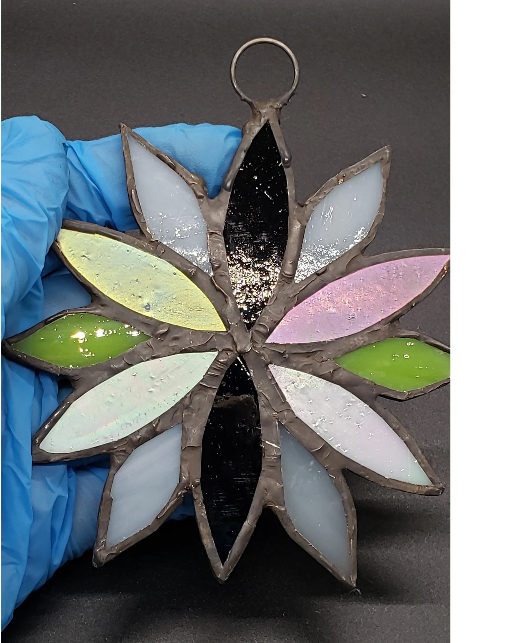 Large Agender Flower Suncatcher, LGBTQ+ Floral stained glass    agender, black, green, lgbtq+, stained glass, suncatcher, white