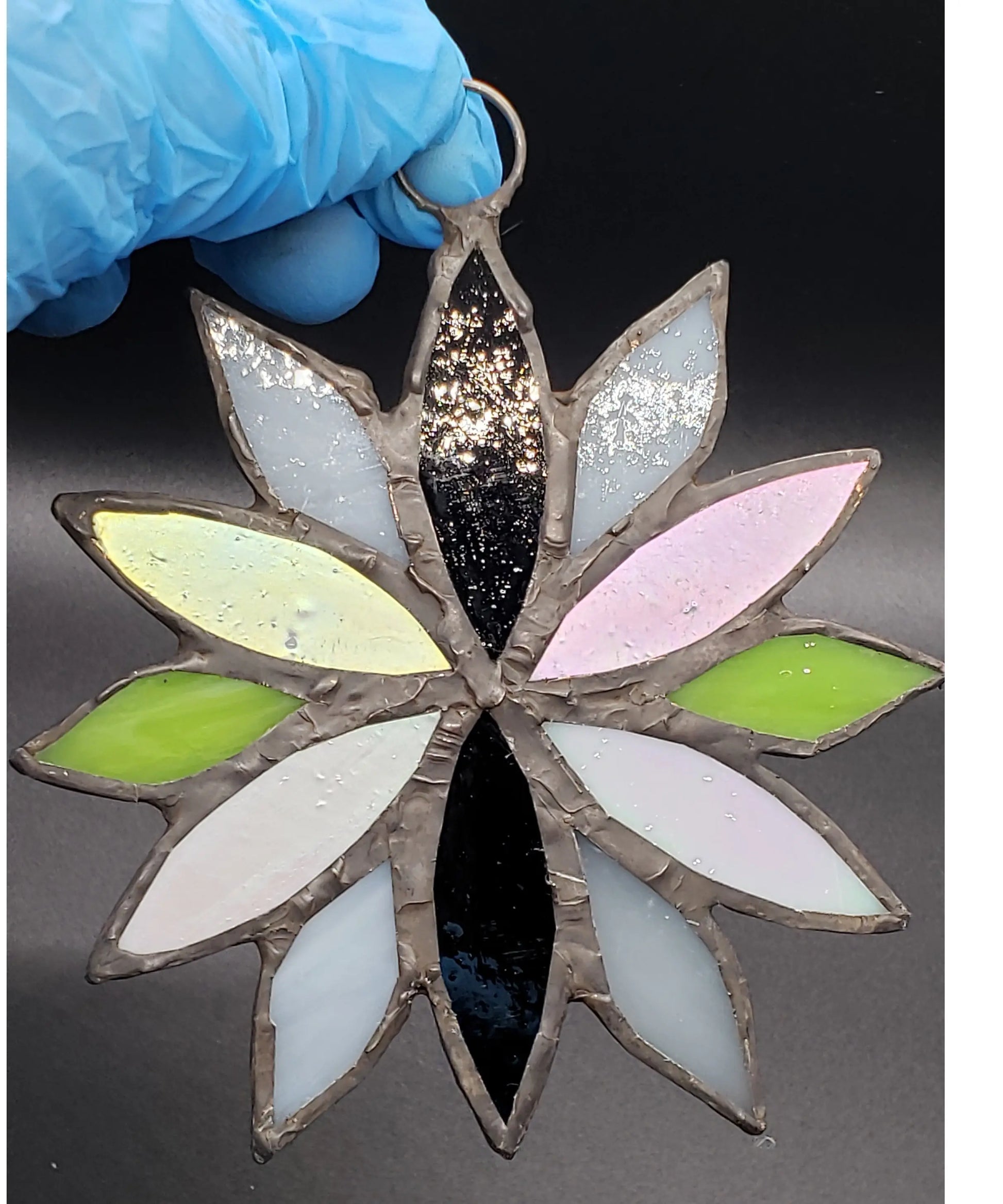 Large Agender Flower Suncatcher, LGBTQ+ Floral stained glass    agender, black, green, lgbtq+, stained glass, suncatcher, white