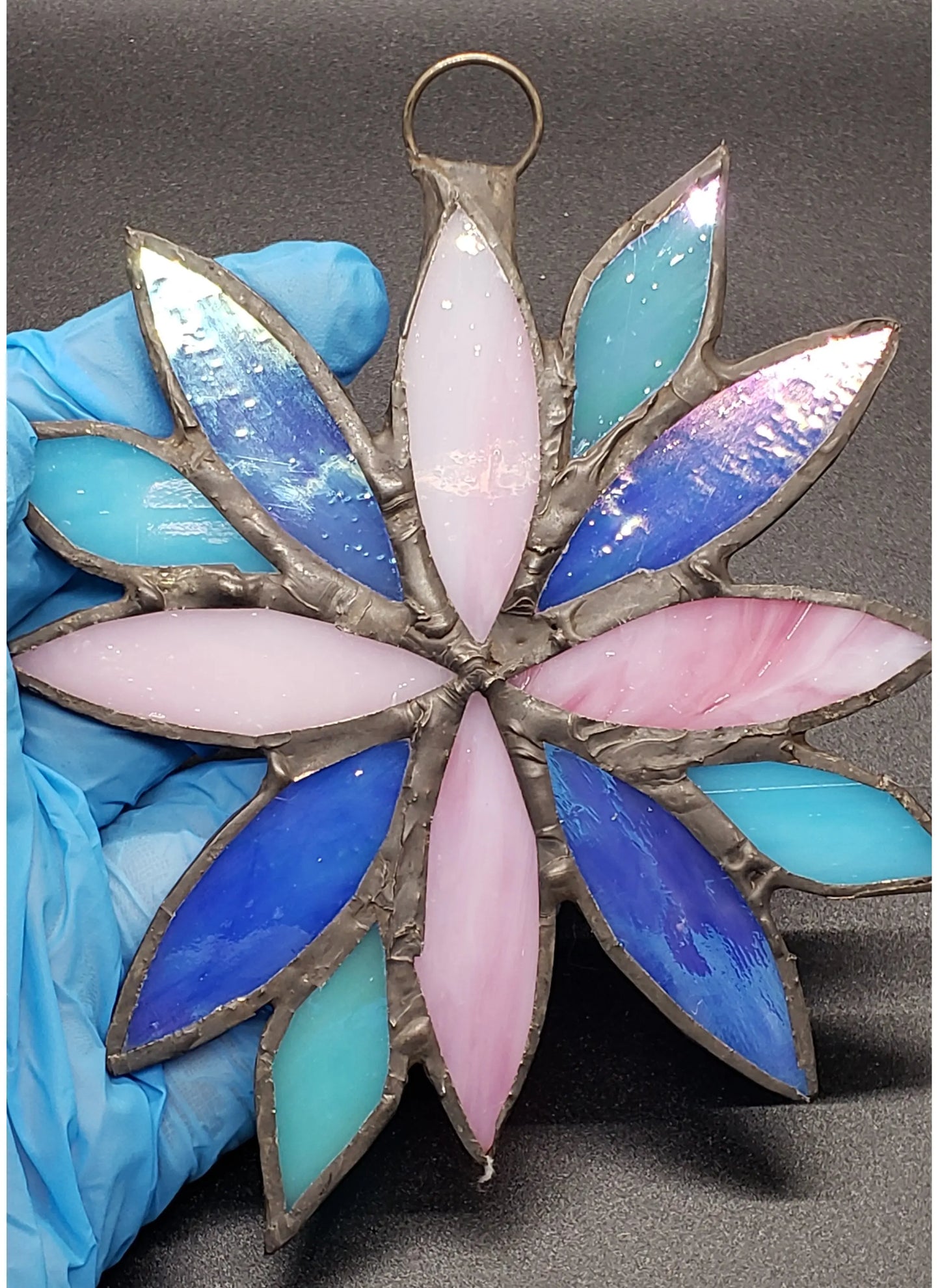 Large Bisexual Flower Suncatcher, LGBTQ+ Floral stained glass    bisexual, blue, lgbtq+, pink, purple, stained glass, suncatcher