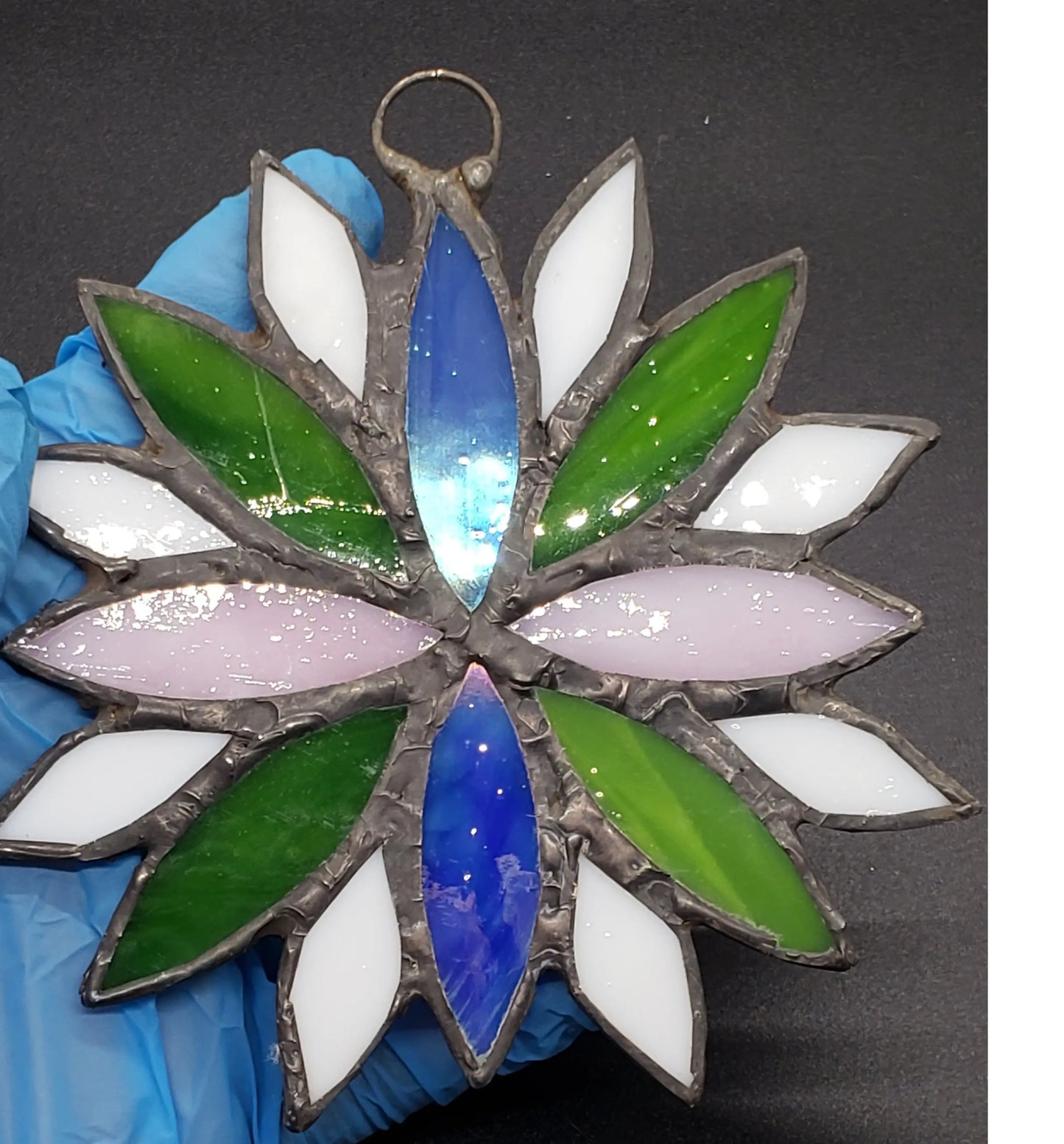 Large Genderqueer Flower Suncatcher, LGBTQ+ Floral stained glass    genderqueer, green, lgbtq+, purple, stained glass, suncatcher