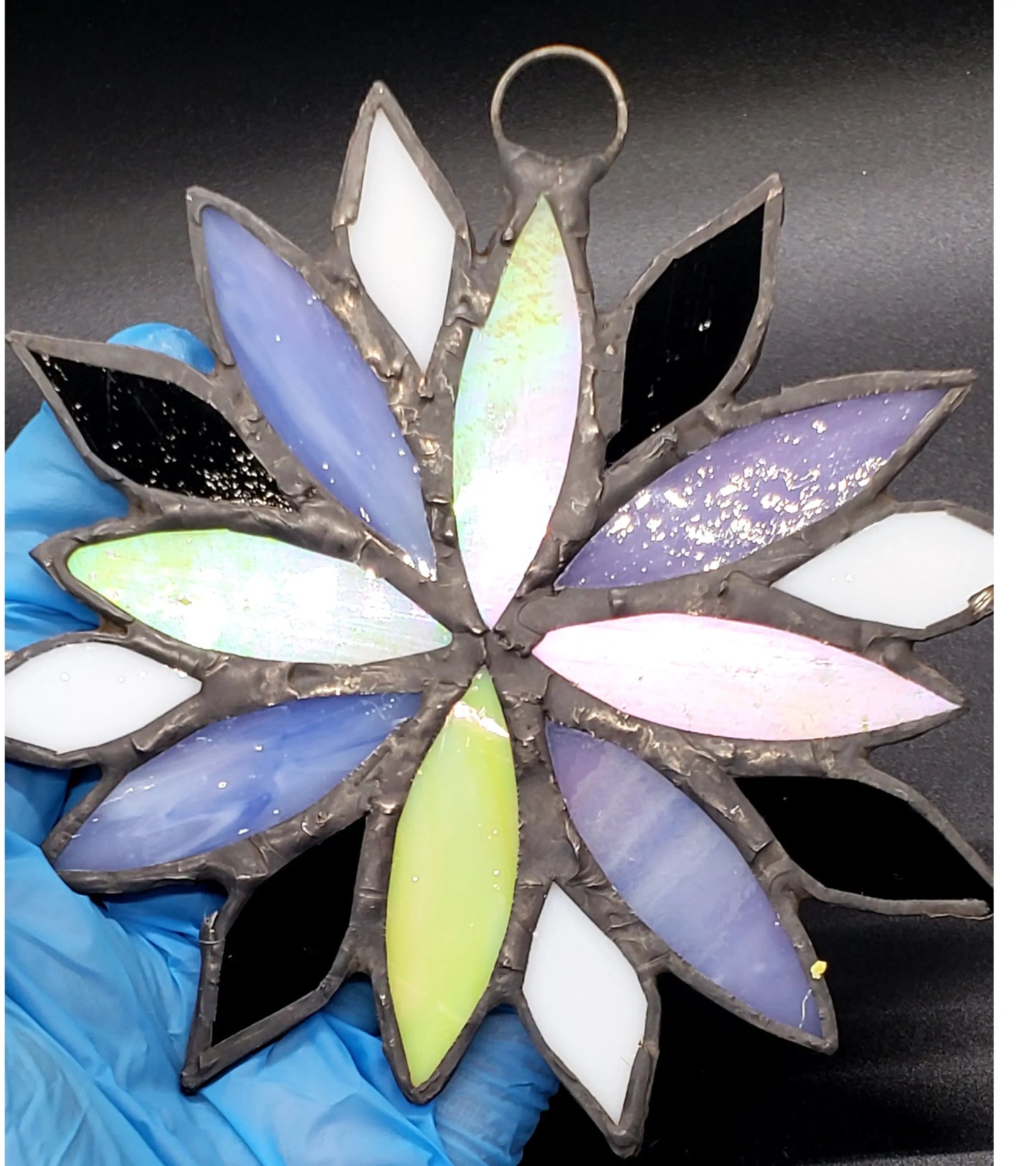 Large Nonbinary Flower Suncatcher, LGBTQ+ Floral stained glass    black, lgbtq+, nonbinary, purple, stained glass, suncatcher, white, yellow