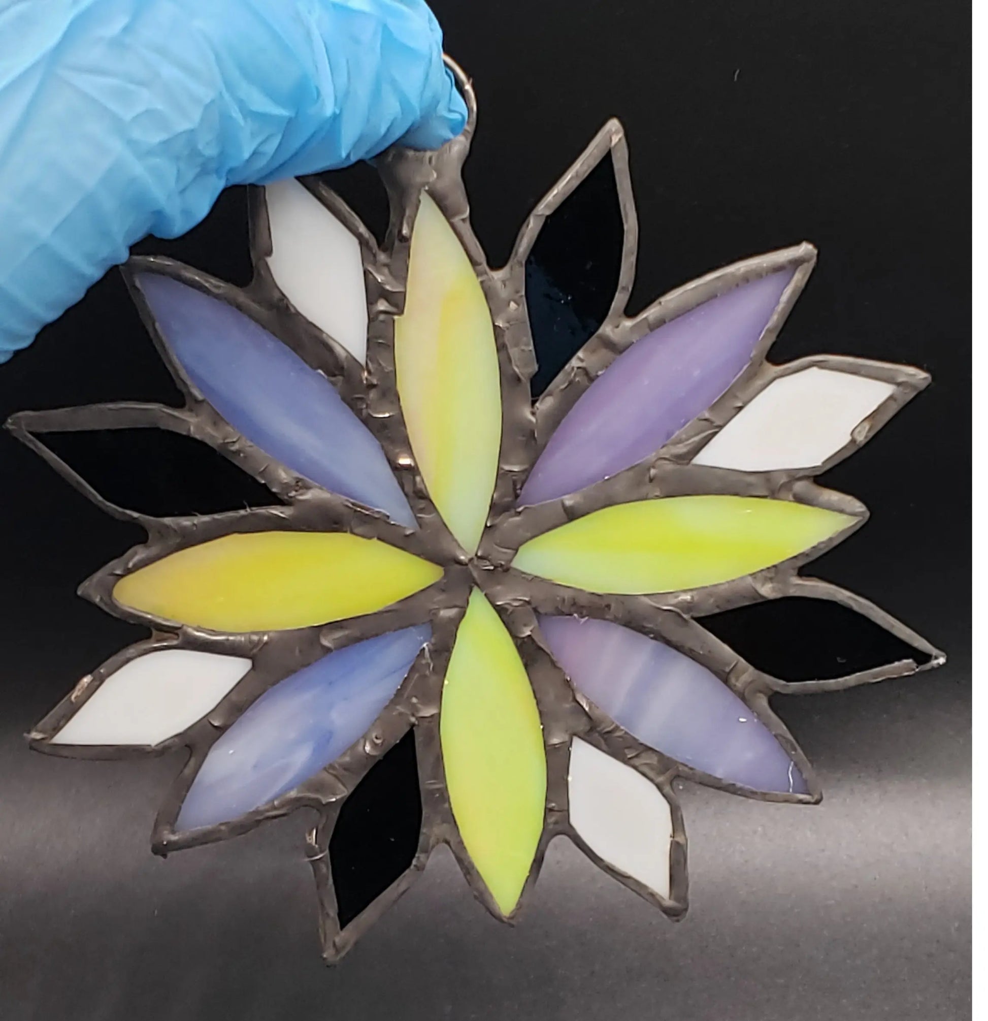Large Nonbinary Flower Suncatcher, LGBTQ+ Floral stained glass    black, lgbtq+, nonbinary, purple, stained glass, suncatcher, white, yellow