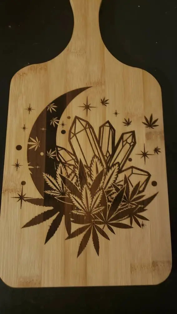 Moon Crystals and Weed Cutting Board    bamboo, crystal cluster, cutting board, marijuana, moon phase, weed