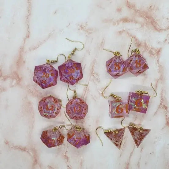 Pink Sharp Edge Iridescent Polyhedral Dice Earrings, DnD gift    dice earrings