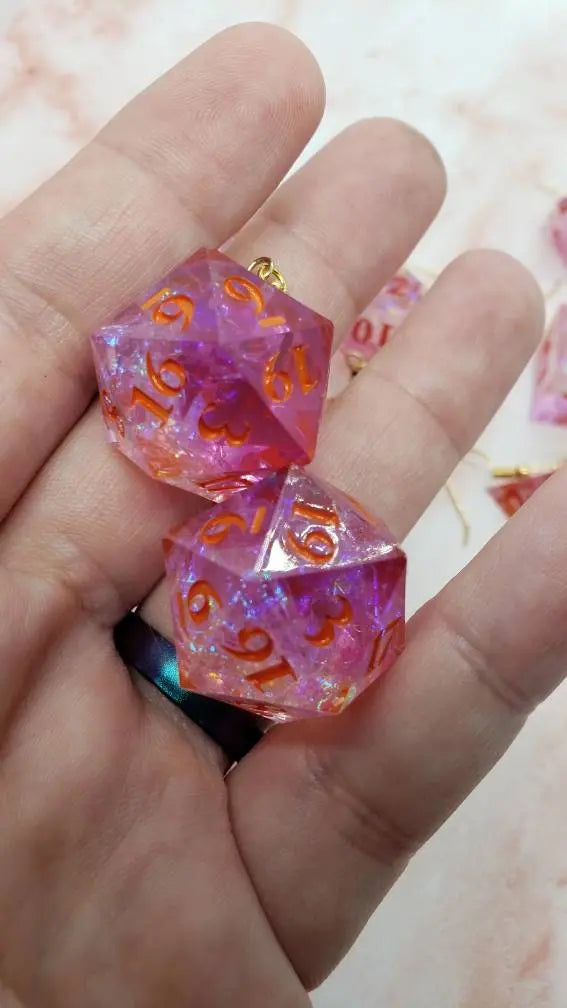 Pink Sharp Edge Iridescent Polyhedral Dice Earrings, DnD gift    dice earrings