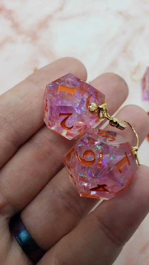 Pink Sharp Edge Iridescent Polyhedral Dice Earrings, DnD gift    dice earrings
