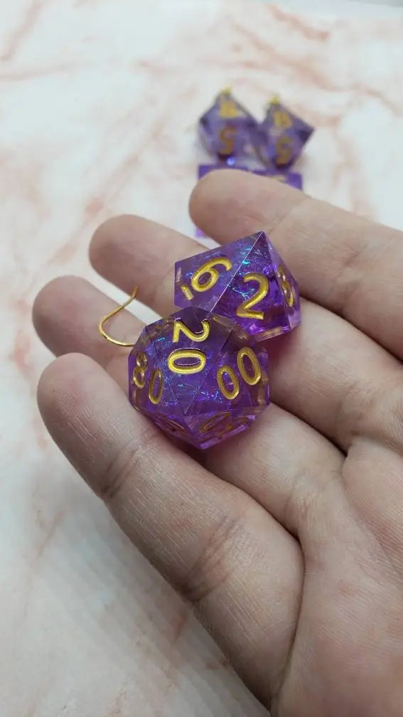 Purple Sharp Edge Iridescent Polyhedral Dice Earrings, DnD gift - moonlitbeading
