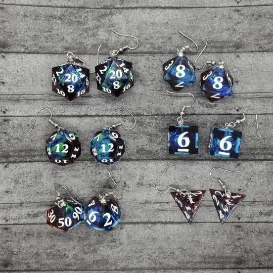 Red and Blue Sharp Edge Iridescent Polyhedral Dice Earrings, DnD gift    dice earrings