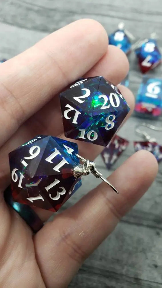 Red and Blue Sharp Edge Iridescent Polyhedral Dice Earrings, DnD gift    dice earrings