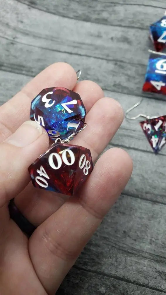 Red and Blue Sharp Edge Iridescent Polyhedral Dice Earrings, DnD gift    dice earrings