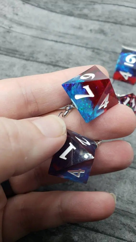 Red and Blue Sharp Edge Iridescent Polyhedral Dice Earrings, DnD gift    dice earrings