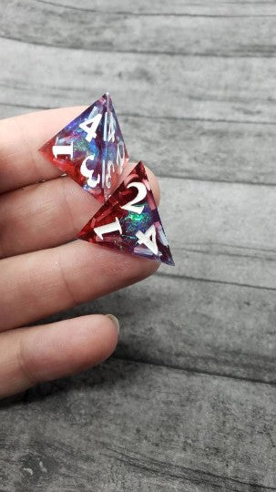 Red and Blue Sharp Edge Iridescent Polyhedral Dice Earrings, DnD gift    dice earrings