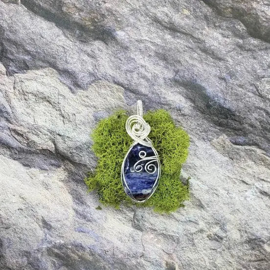 Wire Wrapped Sodalite Pendant, Swirly Pendant, Heady Pendant - moonlitbeading