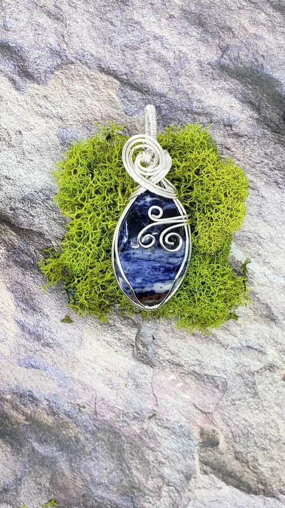 Wire Wrapped Sodalite Pendant, Swirly Pendant, Heady Pendant - moonlitbeading