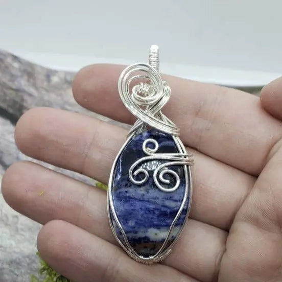 Wire Wrapped Sodalite Pendant, Swirly Pendant, Heady Pendant - moonlitbeading