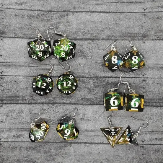 Yellow Black Sharp Edge Iridescent Polyhedral Dice Earrings, DnD gift    dice earrings