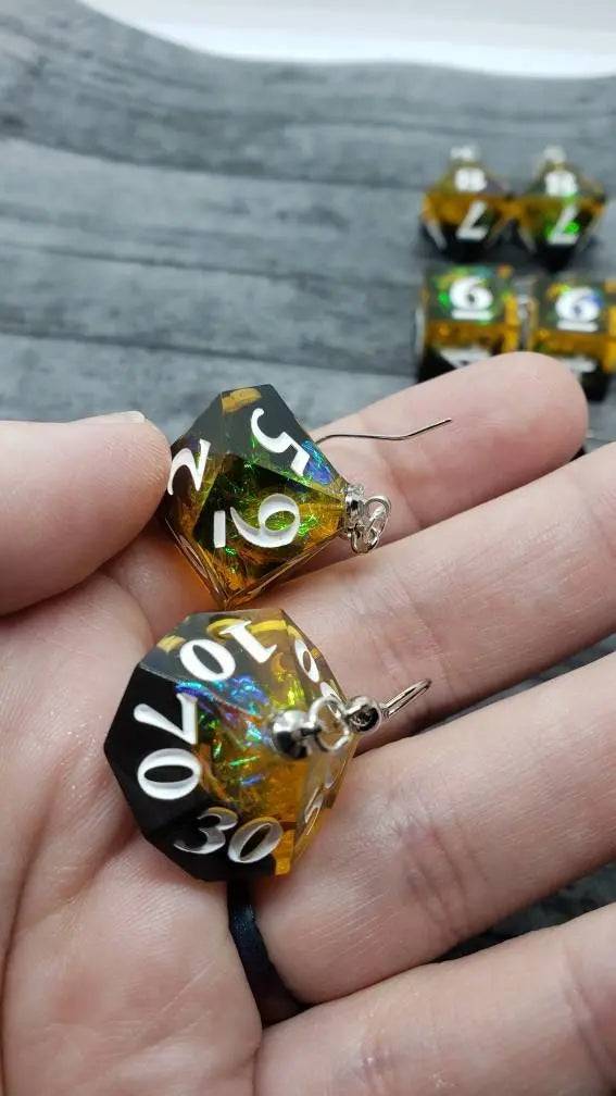 Yellow Black Sharp Edge Iridescent Polyhedral Dice Earrings, DnD gift    dice earrings