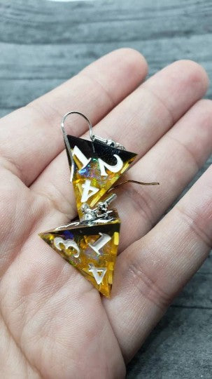 Yellow Black Sharp Edge Iridescent Polyhedral Dice Earrings, DnD gift    dice earrings